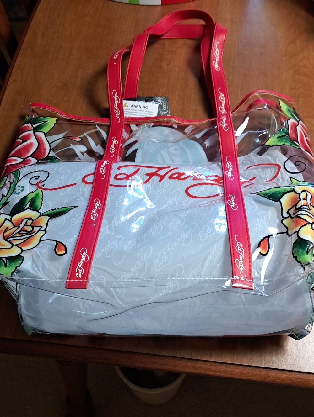 Ed Hardy Clear Tote with Red Straps and Floral Art
